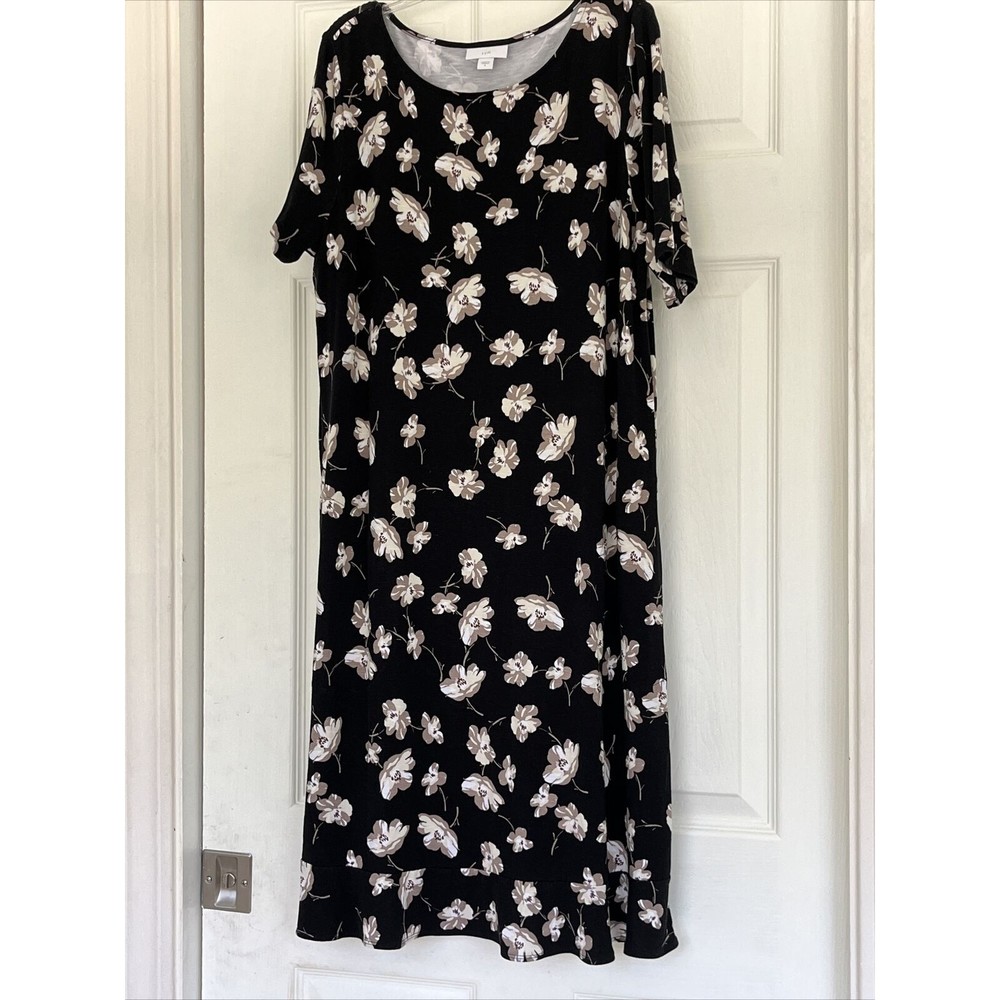 J Jill Black Midi Dress black with Floral pattern , flutter skirt Size small